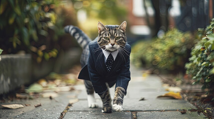 A cat dressed in a suit and tie is confidently striding down a busy sidewalk, attracting curious stares from onlookers - obrazy, fototapety, plakaty