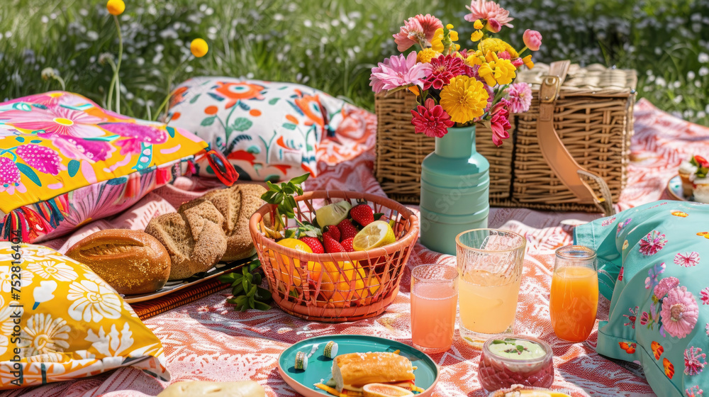 Poster a table filled with an assortment of food items like fruits, vegetables, bread, and cheese, creating