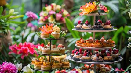 A variety of delectable pastries and desserts are arranged beautifully in a garden setting, showcasing a tempting array of sweet treats