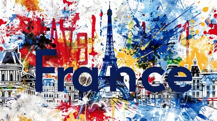 Abstract artistic rendition of France featuring iconic landmarks splashed in paint, exuding a vibrant, creative flair