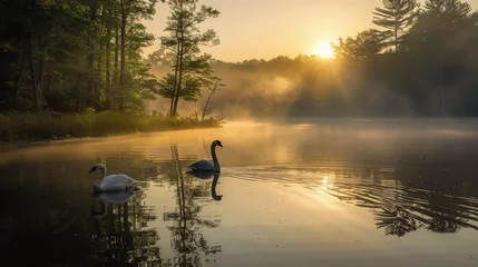 Deurstickers Two white swans gracefully swim in a serene lake as the sun sets, casting a golden glow over the water © sommersby