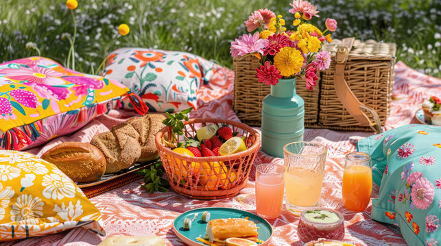 A table filled with an assortment of food items like fruits, vegetables, bread, and cheese, creating a vibrant display of different colors and textures