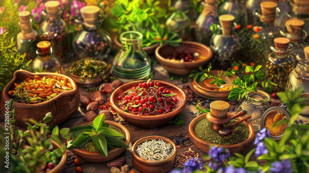 Aufkleber a table displays numerous pots filled with different types of plants, creating a vibrant and lush di