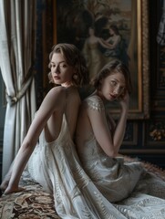 Two graceful women in ornate vintage gowns share a quiet moment in a luxurious historical interior.