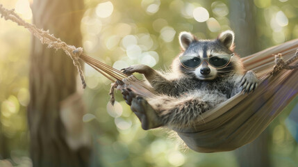 A raccoon is comfortably seated in a hammock, relaxing under the sun in a backyard setting
