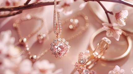 Close-up view of a variety of jewelry items placed on a table, showcasing necklaces, rings, bracelets, and earrings