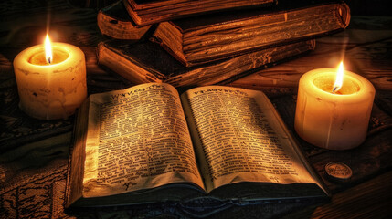 A close-up view of two lit candles casting a soft glow on an open book placed on a wooden table