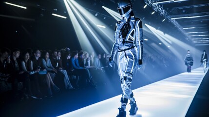 Fototapeta premium A fashion model in a futuristic outfit struts down a brightly lit runway during a fashion show