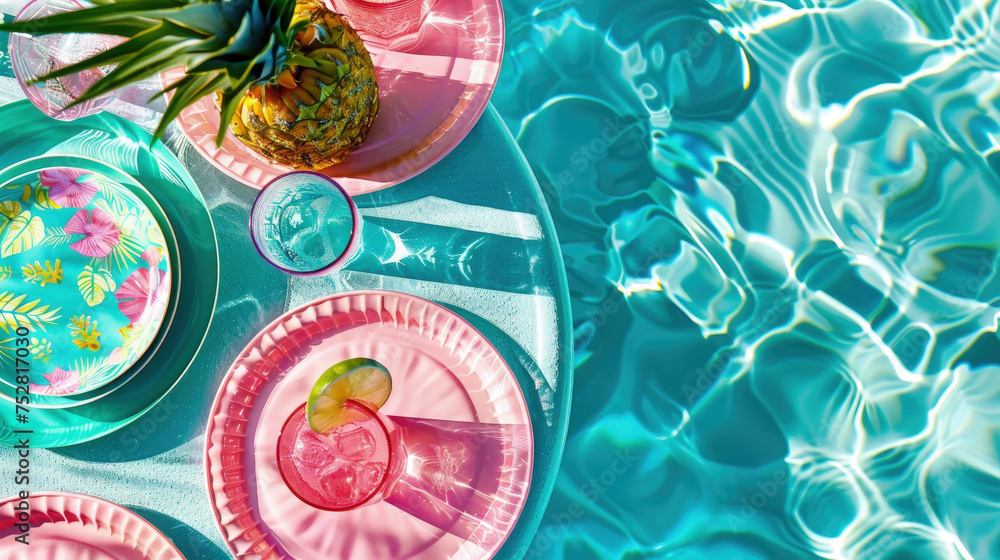 Poster a table adorned with plates and fresh pineapples, showcasing a vibrant and inviting setup