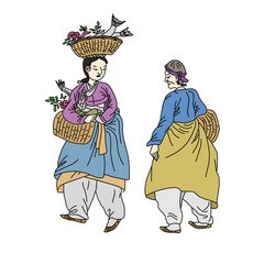 vendors heading to the marketplace. korean tranditional illustration