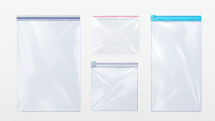 Plastic bag with zip locker mockup. Realistic vector illustration set of template for transparent clear empty sachet with zipper. Nylon pouch pocket. Vinyl package with lock for food or candy storage.