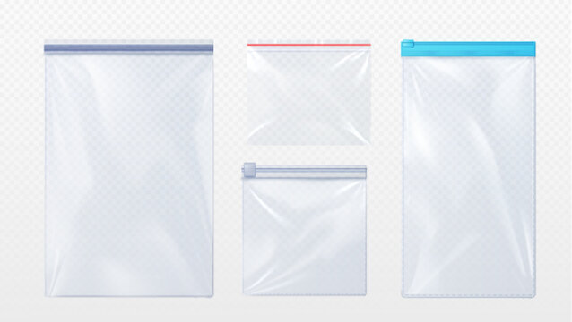Plastic bag with zip locker mockup. Realistic vector illustration set of template for transparent clear empty sachet with zipper. Nylon pouch pocket. Vinyl package with lock for food or candy storage.