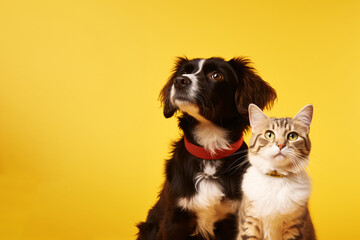 Cat and Dog Duo on Yellow Backdrop