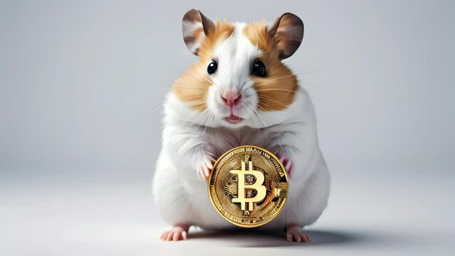 A white and brown hamster holds a Bitcoin token, posing against a neutral backdrop. This image humorously combines the themes of pets and digital finance. AI-generated