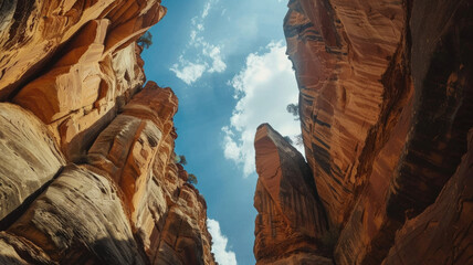 Tall sandstone formations soar under a clear blue sky, framing the rugged beauty.