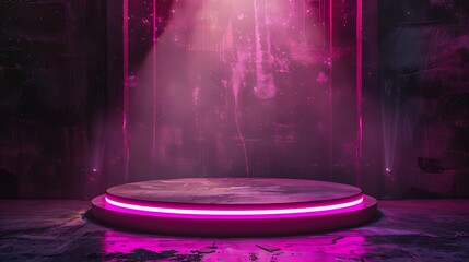Fototapeta na wymiar Pink neon light item background stage or platform on grit road floor with sparkle spotlight and clear presentation stage