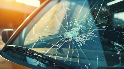 The focus on a shattered car windshield highlights a violent impact and vehicular distress.