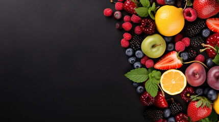 Variety of fresh fruits and berries on black background