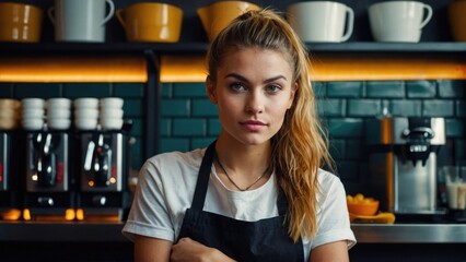 a beautiful young barista woman at a coffee shop