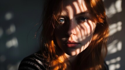 The warm sunlight casts a shadow pattern across the contemplative face of a young redhead, highlighting her natural beauty.