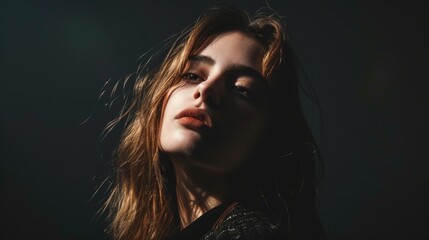 Dramatic portrait of a young woman with a mesmerizing gaze highlighted by sharp contrasting shadows.