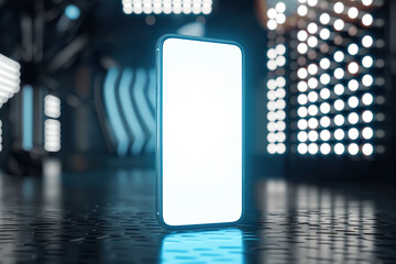 A smartphone with a blank and illuminated display is standing upright on a reflective surface - obrazy, fototapety, plakaty