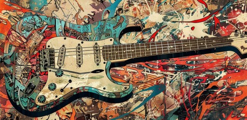 An art piece of a guitar in a sparse color scheme featuring intricate comicstyle details