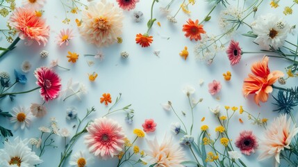 White background with vibrant spring flowers