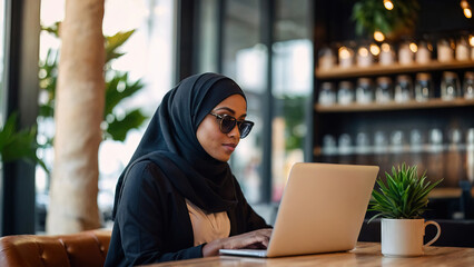 Muslim black woman wearing a hijab working on a laptop in a modern cafe