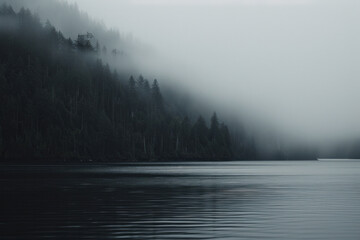 Misty Lakeside Forest at Dawn - obrazy, fototapety, plakaty