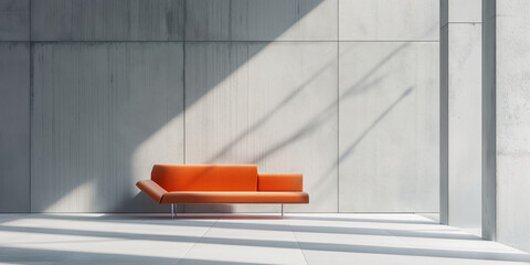An orange couch is placed on top of a white floor, creating a contrasting and vibrant visual composition