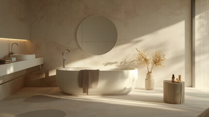 Beige bathroom with a round window and large mirror with serene and tranquil scenes