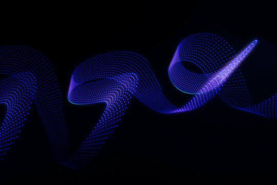 Blue or violet neon curved wave of light as curls or swirl with dotted stripes on black background, pattern. Abstract background with motion light effect, light painting in contemporary style.