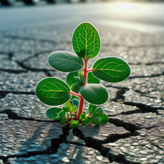 Green sprout growing from crack in the ground. Conceptual image