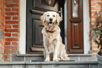 Welcome Home: Cheerful Golden Retriever Greeting at the Front Door