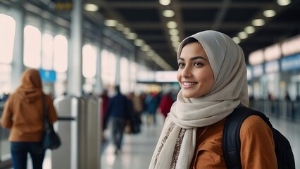 Muslim western woman with traditional hijab and backpack walking on airport