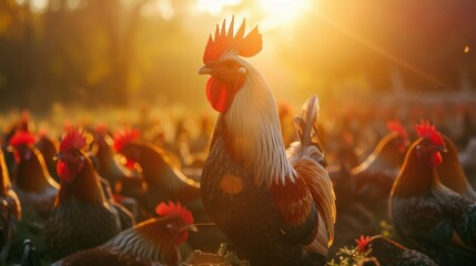 Rooster on blurred beautiful sunrise sky with sun light in farm autumn background - obrazy, fototapety, plakaty