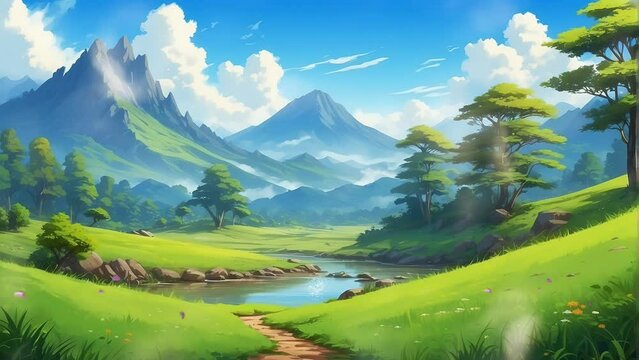 Anime background landscape, Beautiful mountain nature video footage animation anime cartoon mountain on lake. 4K Generative AI video looping animation