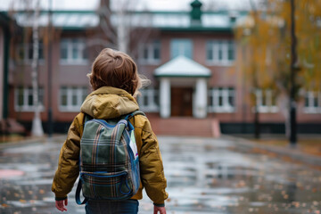 A young student with a backpack faces the entrance of a school building on a rainy autumn day, symbolizing a return to education and routine.
