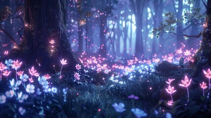 Fototapeta premium A mystical forest filled with glowing flowers and ethereal creatures
