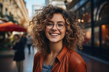 Portrait of laughing happy satisfied curly brunette woman wearing glasses outdoors