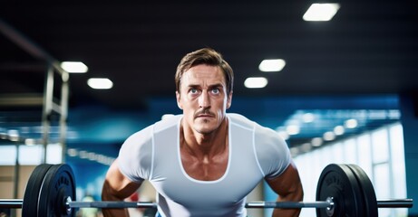 shot of a determined athlete's face, sweat glistening, lifting weights in a state-of-the-art gym
