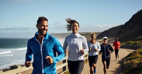 a group of friends in activewear, enjoying a morning jog along a scenic coastal path
