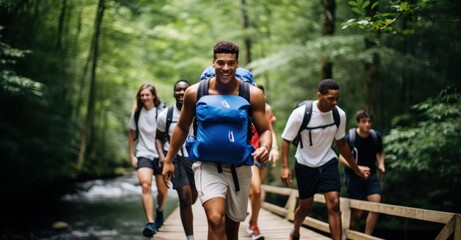 a group of friends hiking in a lush forest, crossing a wooden bridge over a flowing stream, with backpacks, nature, and camaraderie