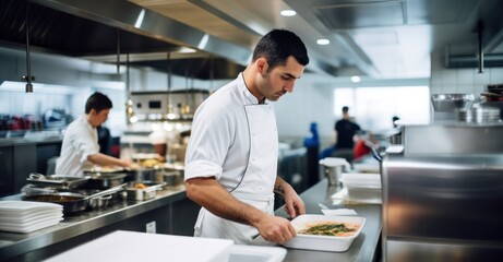 a chef in a busy restaurant kitchen, skillfully preparing a gourmet dish, surrounded by fresh ingredients, utensils, and stainless steel surfaces