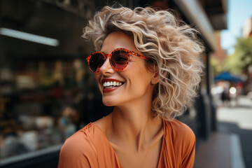 Laughing happy satisfied curly blonde woman wearing sunglasses outdoors
