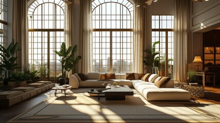 Naklejka premium Interior of light living room with grey sofas, coffee table and large window