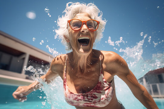 Playful aged woman enjoying splashing in a swimming pool