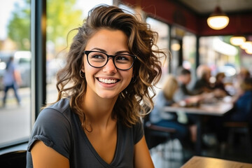 Portrait of laughing happy satisfied curly brunette woman wearing glasses in a cafe shop