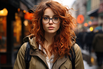 Portrait of serious pensive curly young redhead woman wearing glasses and looking into a camera outdoors